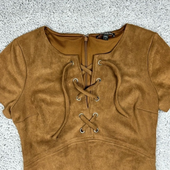 Express Dress Womens 2 Lace Up Neck Faux Suede Camel Mini Western Country Party - Picture 2 of 8